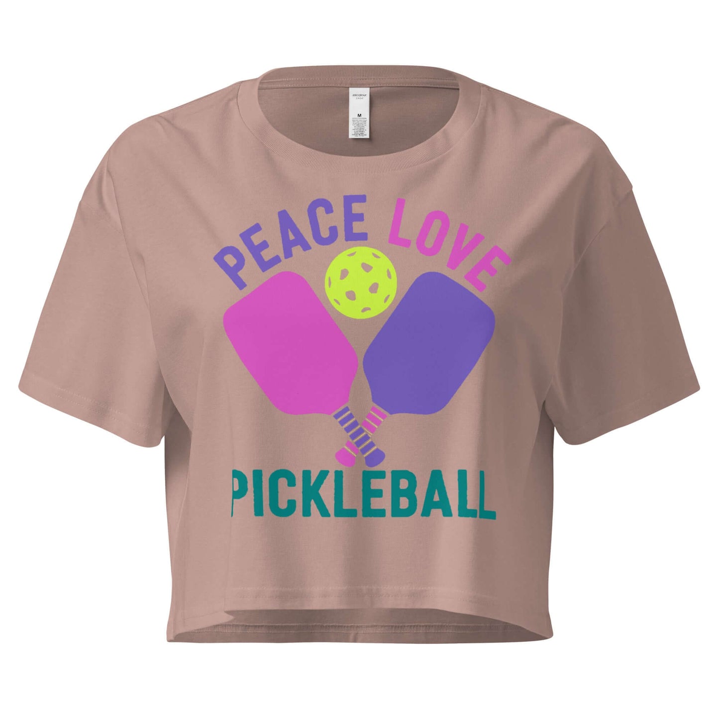Women's crop top featuring 'Peace, Love, Pickleball' design with paddles and ball, perfect for pickleball fans.