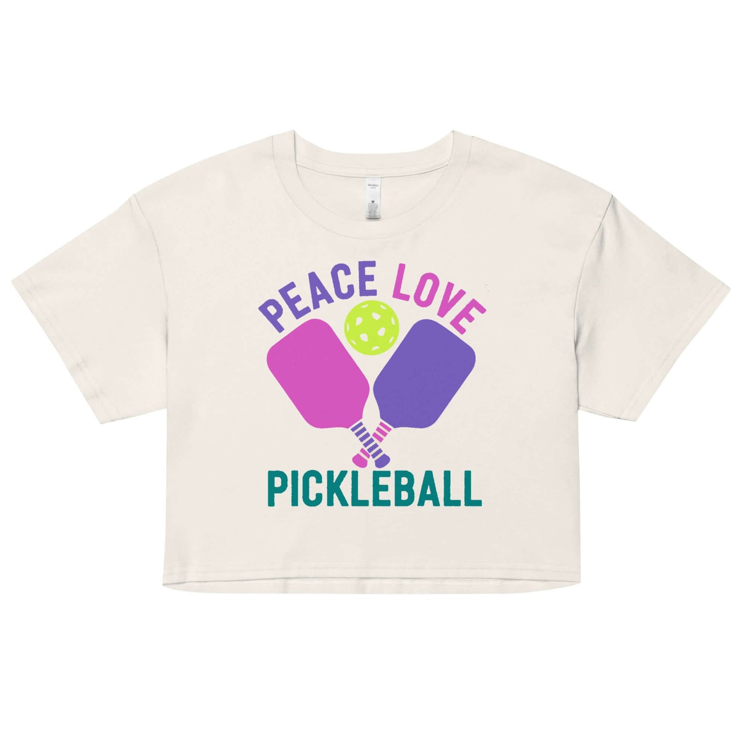 Women's crop top featuring 'Peace, Love, Pickleball' design with paddles and a ball.