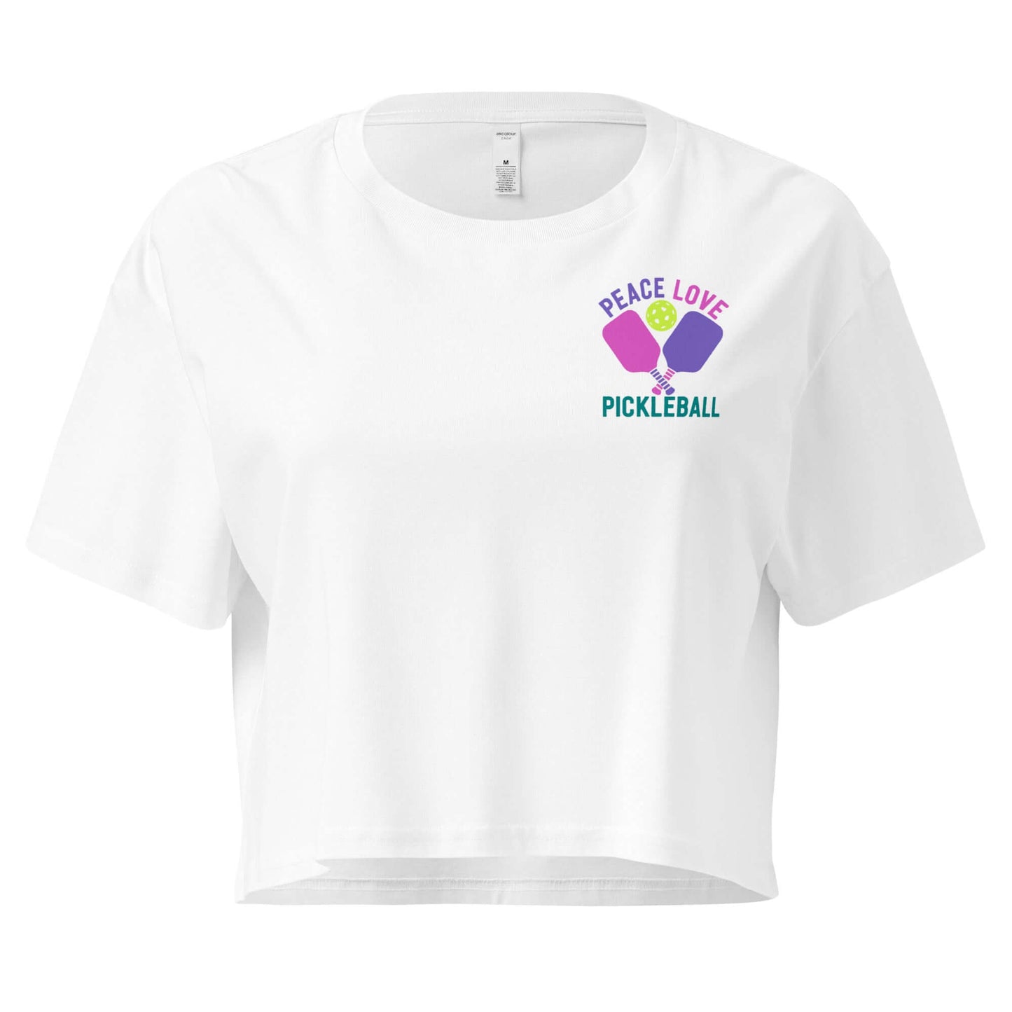 Women's white crop top featuring 'Peace Love Pickleball' graphic design, perfect for stylish pickleball play.