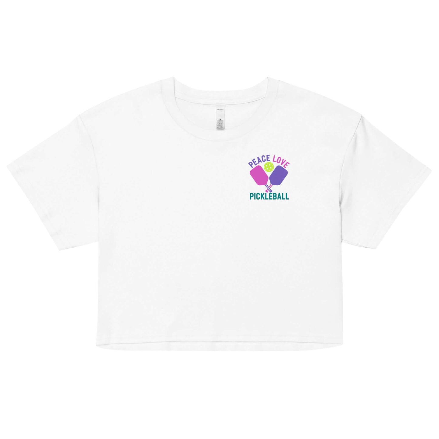 Women's white crop top featuring 'Peace Love Pickleball' design, perfect for sporty and casual wear.