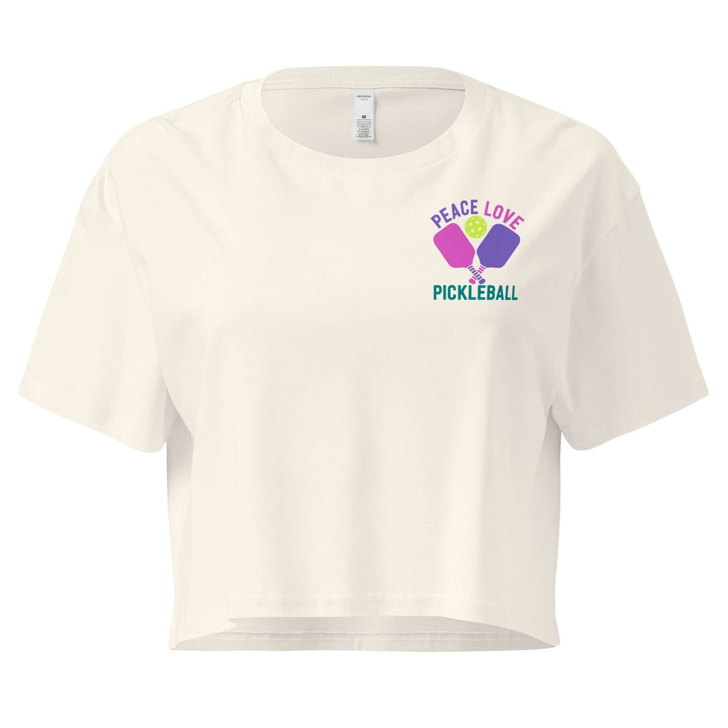 Women's Peace, Love, Pickleball Crop Top in white with colorful graphic design.