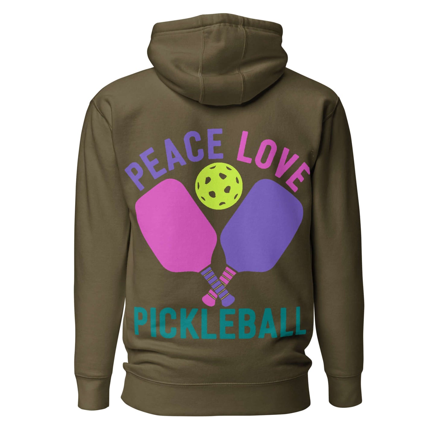 Back view of Women's Peace, Love, Pickleball Hoodie with colorful graphic design featuring paddles and a pickleball.