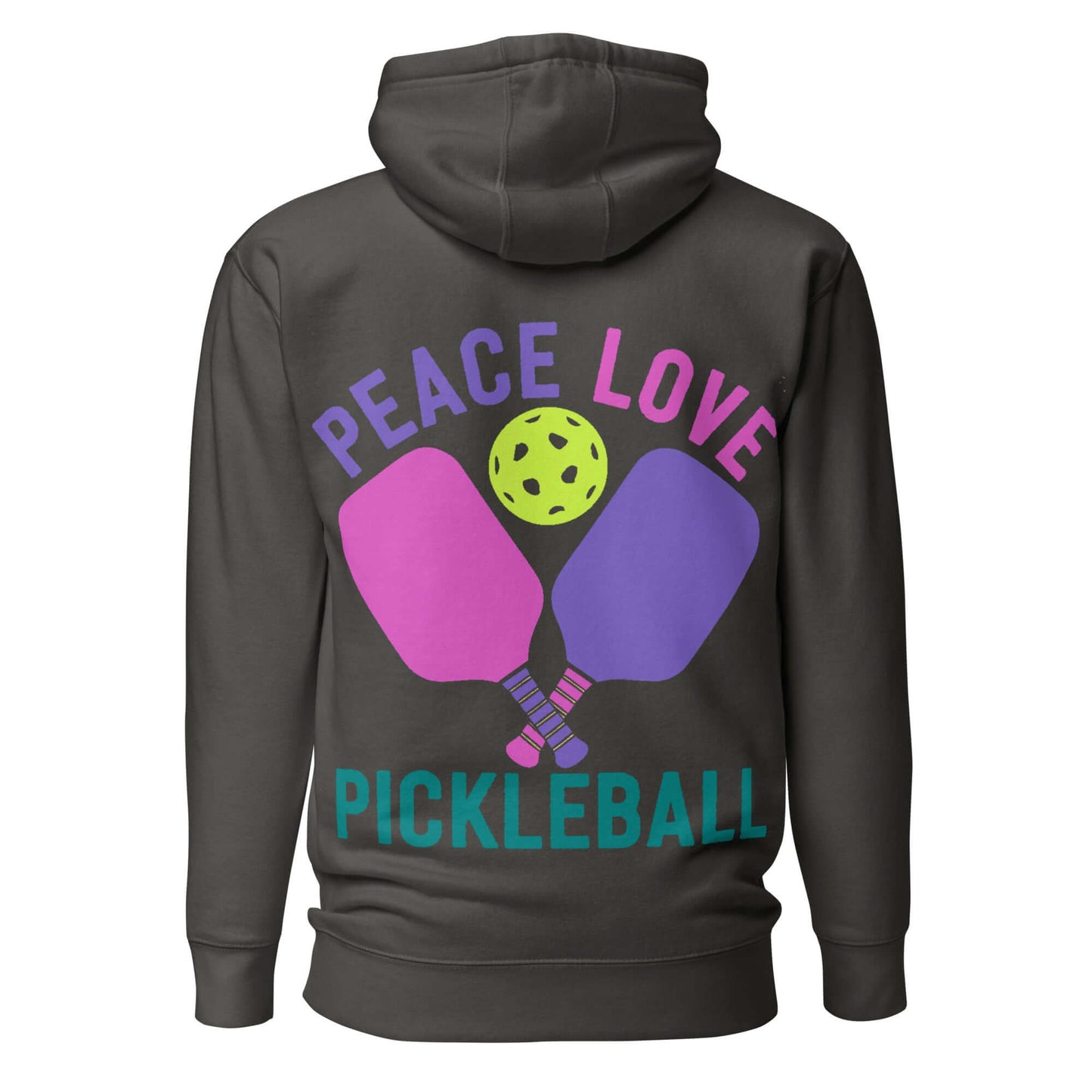 Women's hoodie featuring 'Peace Love Pickleball' design with paddles and a pickleball graphic.