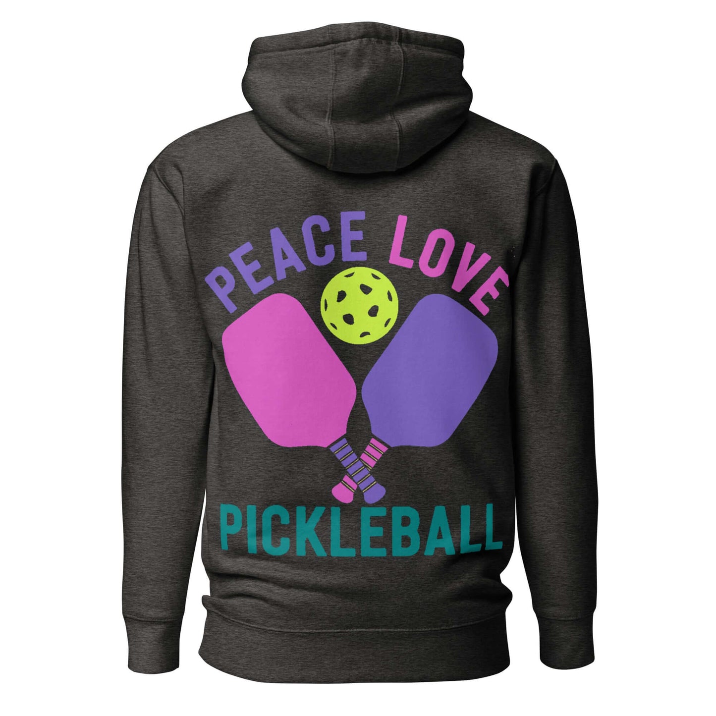 Back view of women's hoodie featuring 'Peace Love Pickleball' graphic with paddles and ball design.