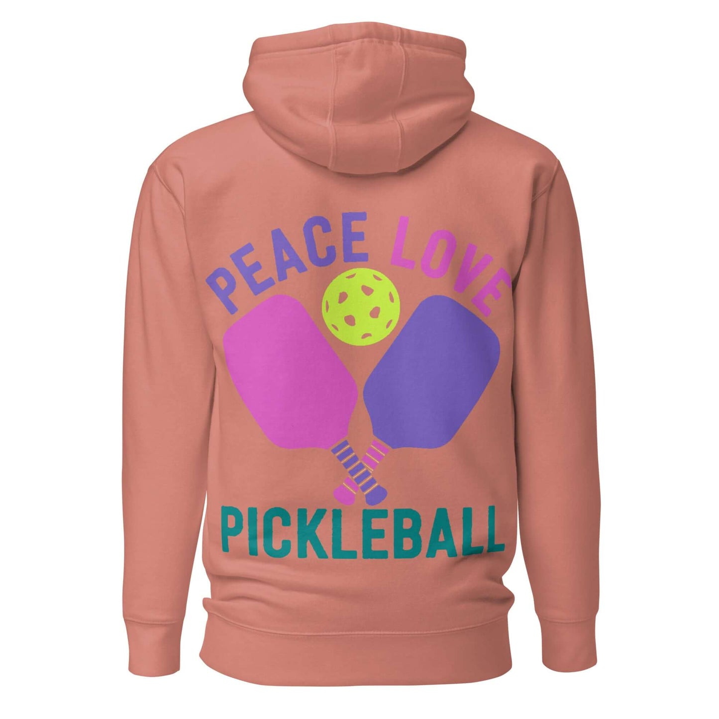 Back view of women's hoodie featuring colorful design with text: Peace, Love, Pickleball and graphic of paddles and ball.