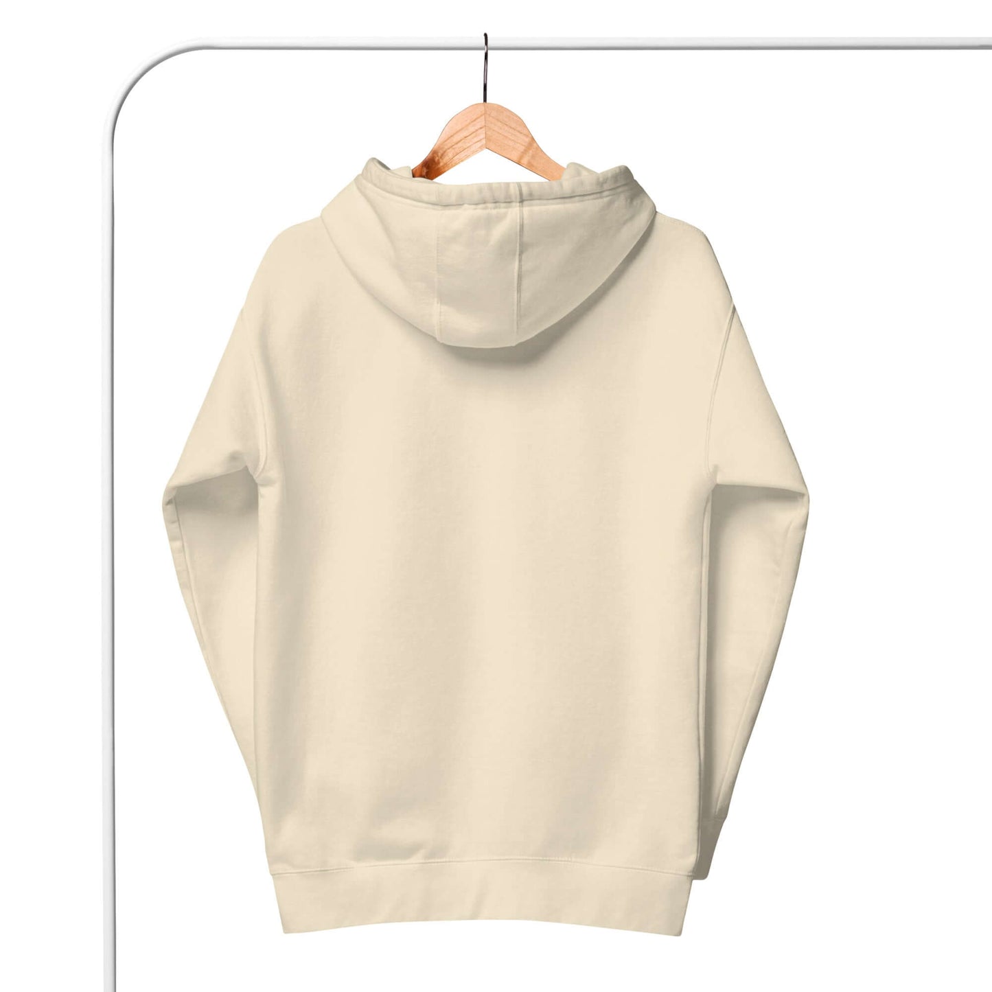 Back view of Women's Peace, Love, Pickleball Hoodie hanging on a wooden hanger, showcasing its comfy design.