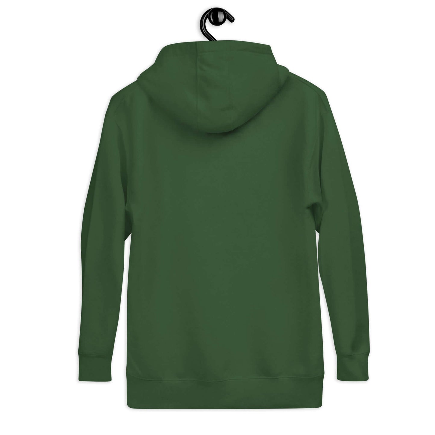 Back view of a green Women's Peace, Love, Pickleball Hoodie hanging on a hook, showcasing its cozy design.