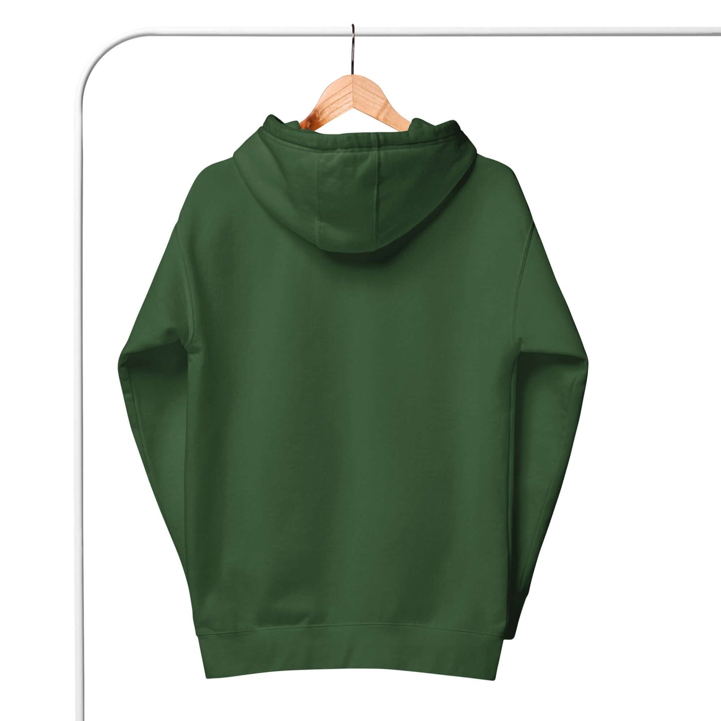 Back view of a green Women's Peace, Love, Pickleball Hoodie hanging on a hanger, perfect for casual wear.