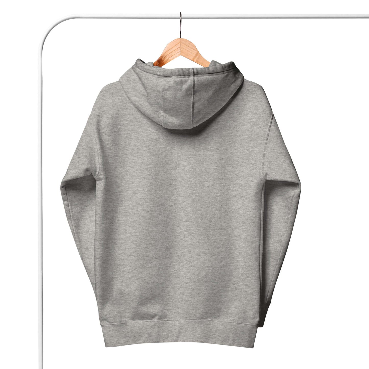 Back view of women's grey Peace, Love, Pickleball hoodie hanging on a wooden hanger.