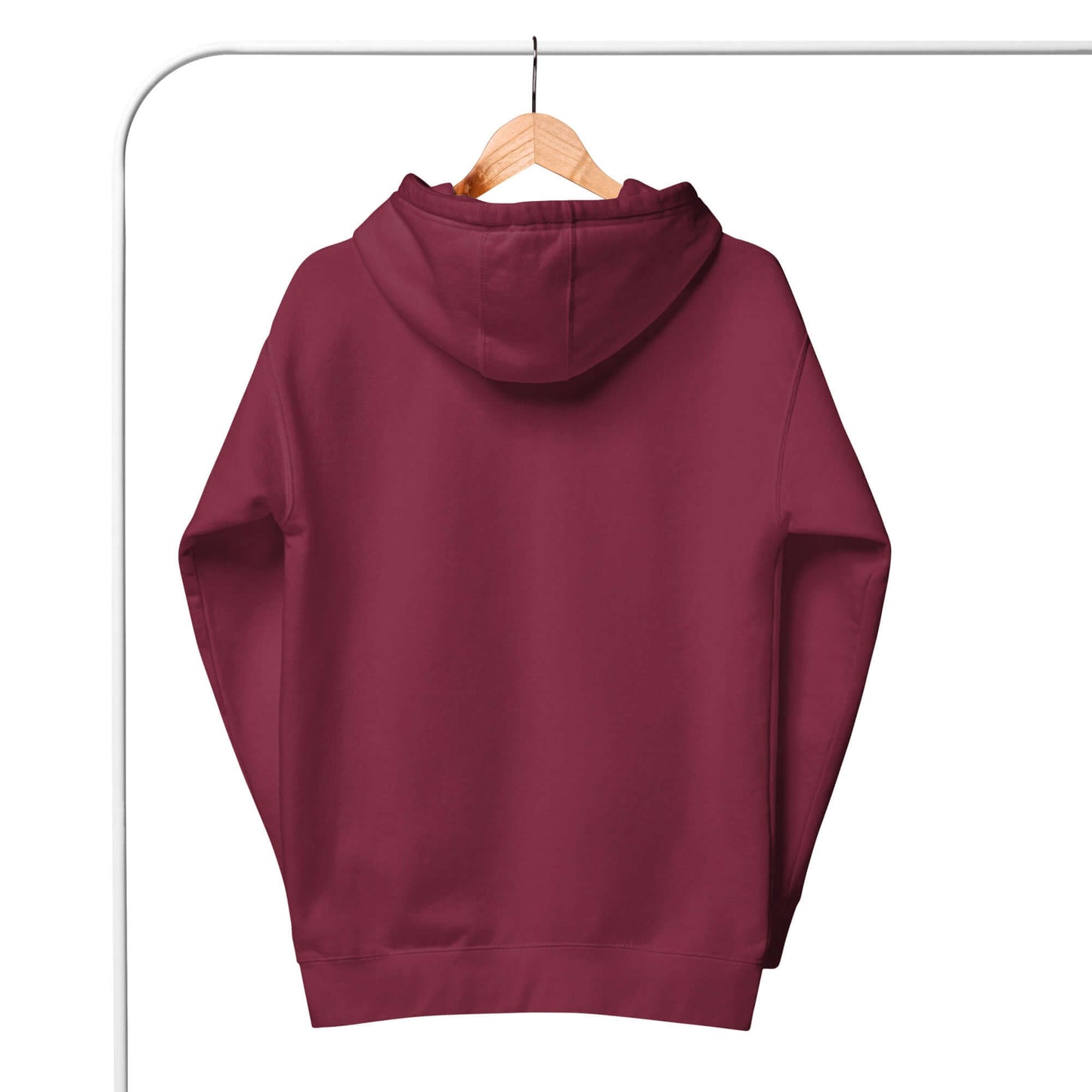 Back view of a maroon Women's Peace, Love, Pickleball Hoodie hanging on a wooden hanger.