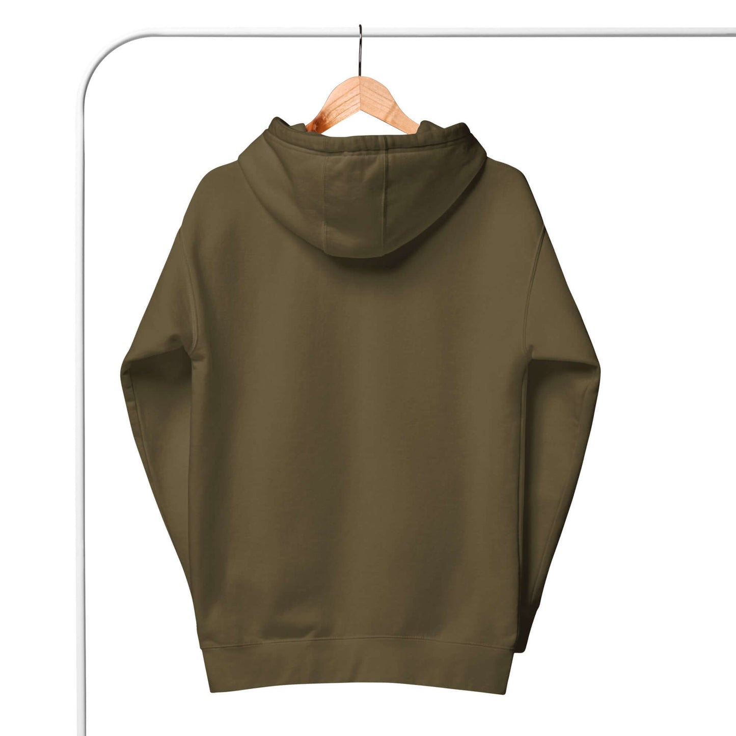 Back view of women's olive green hoodie hanging on a wooden hanger, ideal for cozy pickleball outings.