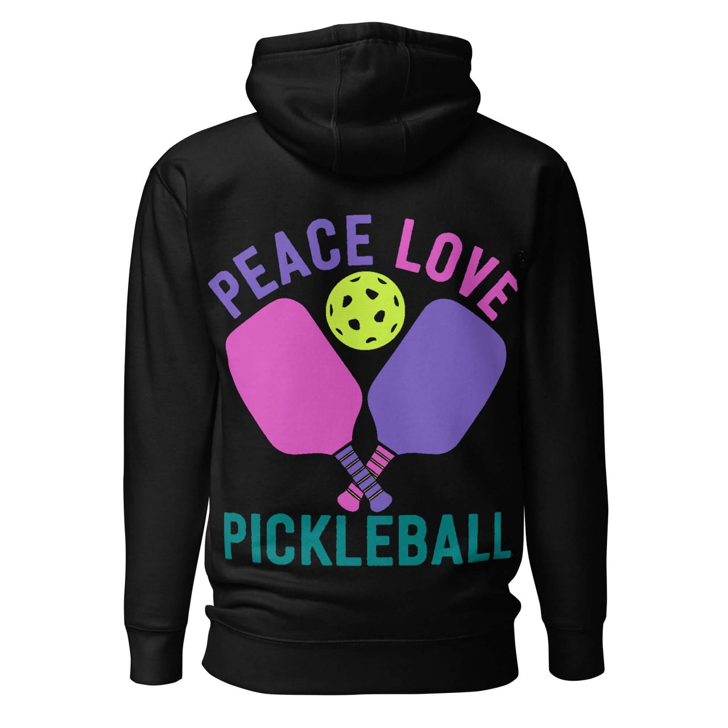 Women's black hoodie featuring 'Peace Love Pickleball' design with paddles and a pickleball.