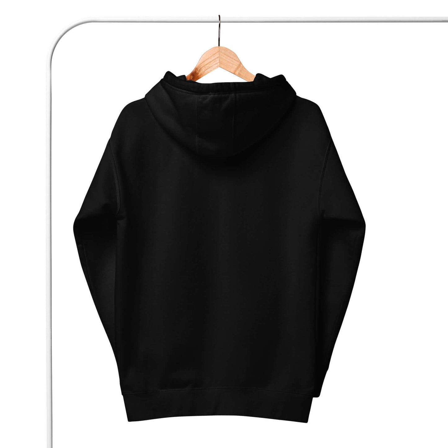 Back view of Women's Peace, Love, Pickleball Hoodie hanging on a wooden hanger, showcasing its cozy black design.