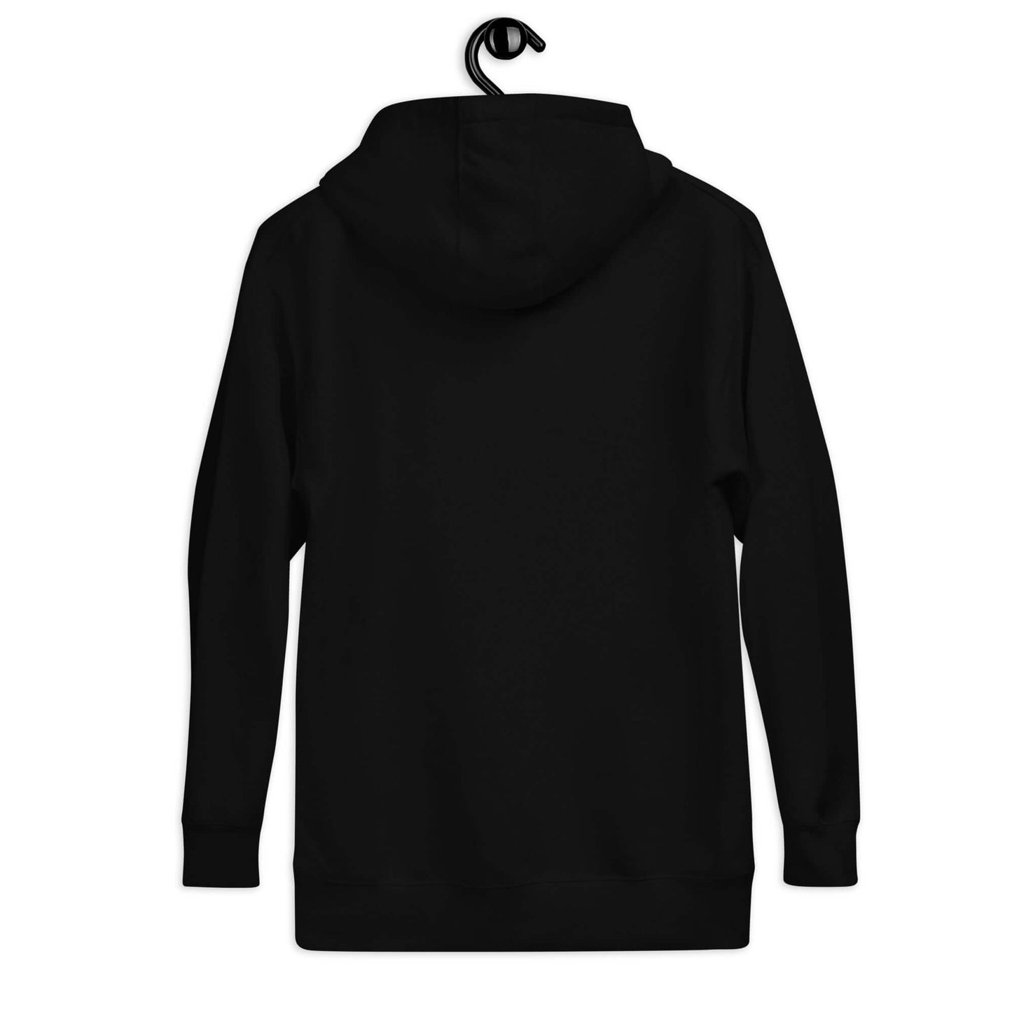 Back view of a black Women's Peace, Love, Pickleball Hoodie hanging on a hook.