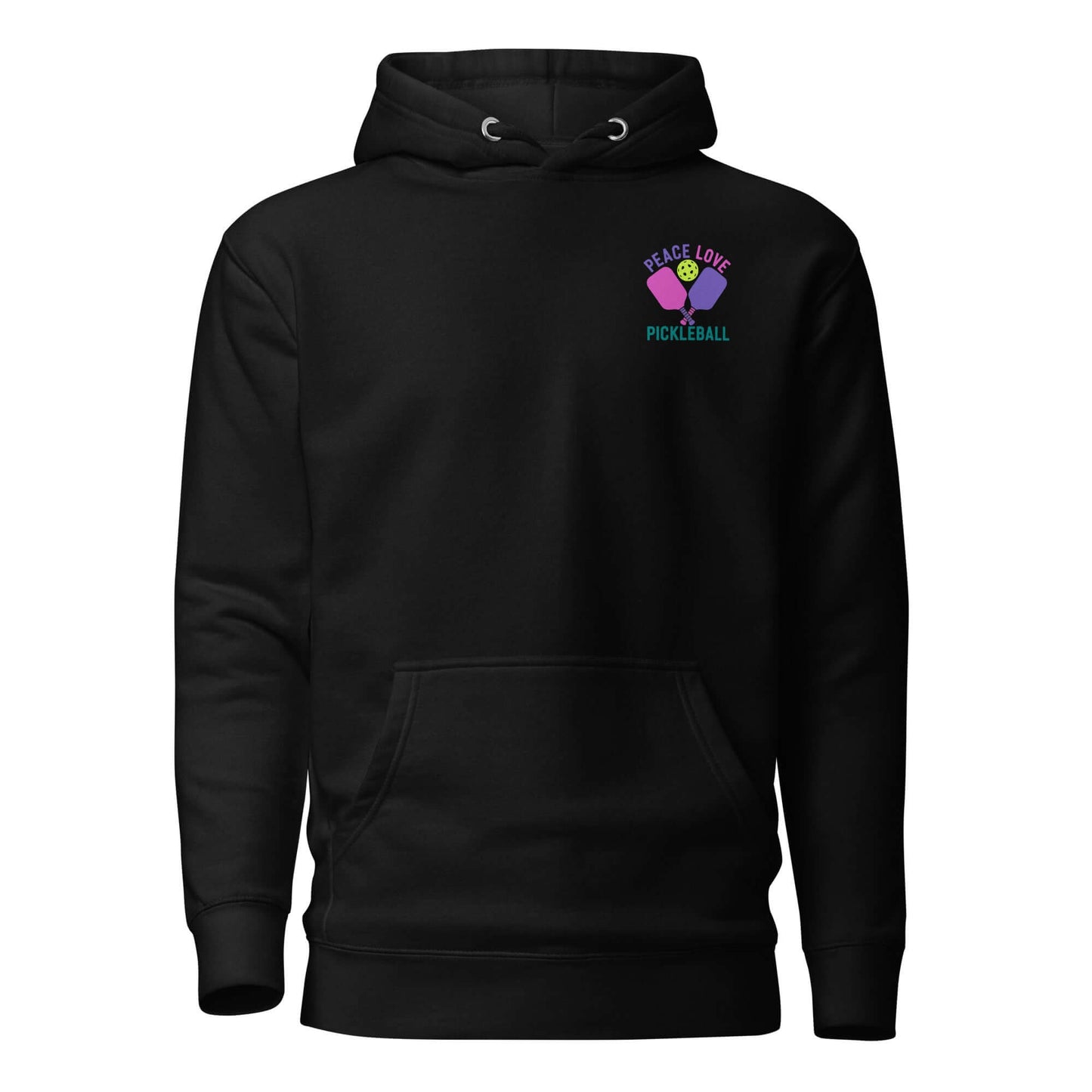 Women's black hoodie with 'Peace Love Pickleball' design, perfect for fans of the sport.