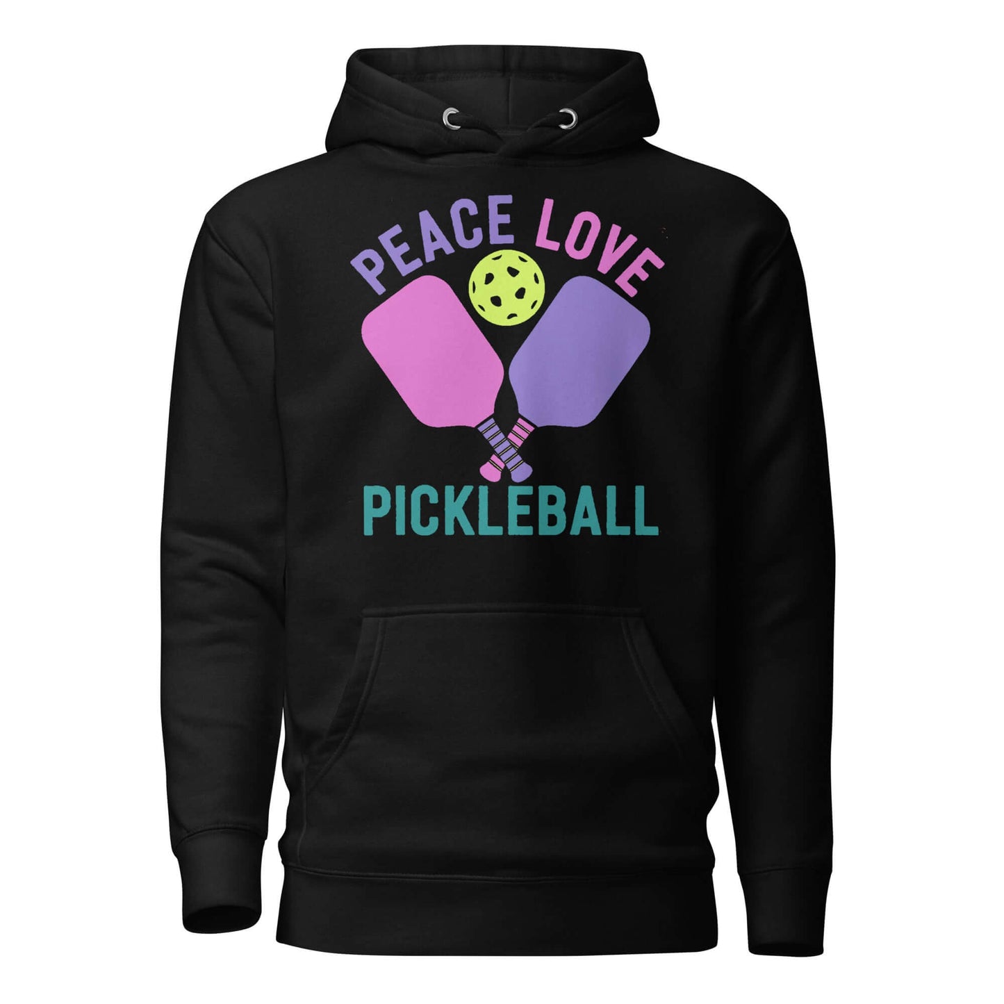 Black women's hoodie with 'Peace Love Pickleball' graphic and paddles, perfect for cozy outings or pickleball matches.
