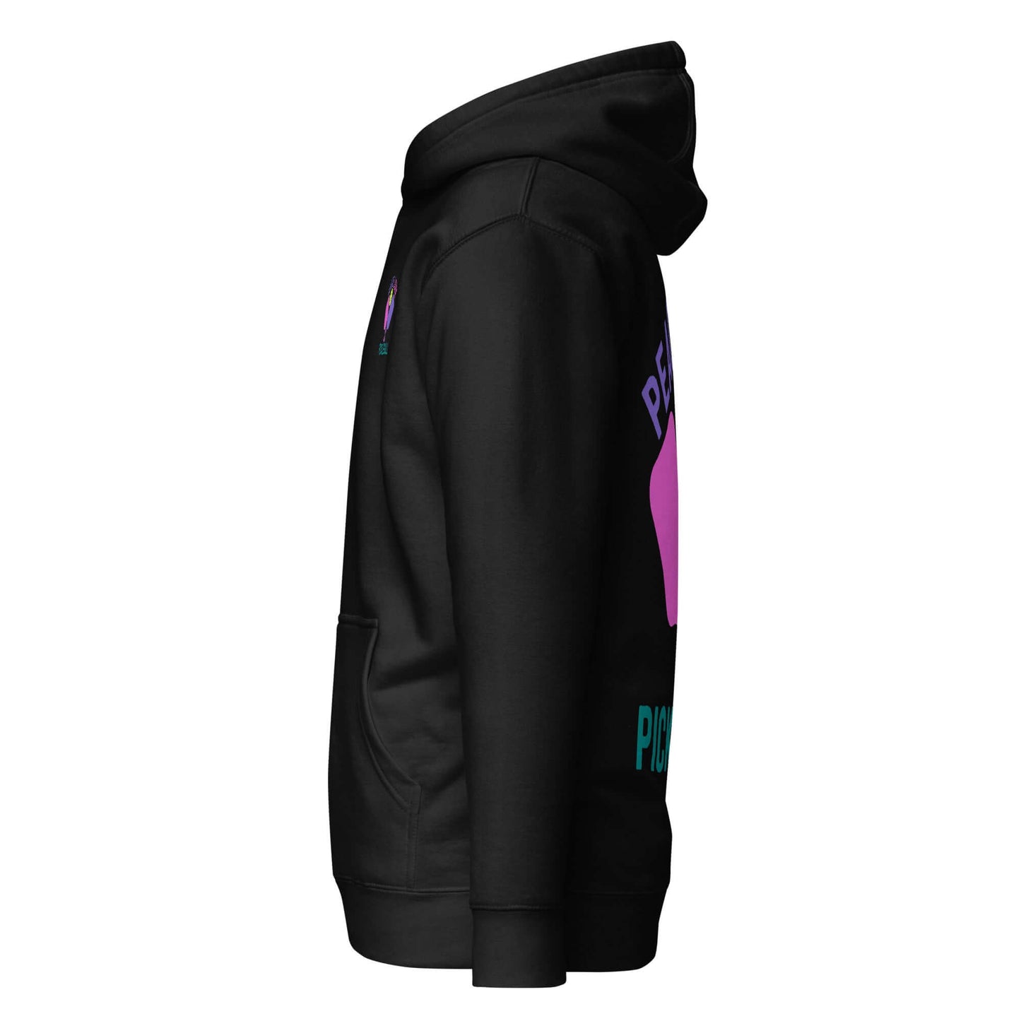 Side view of Women's Peace, Love, Pickleball Hoodie, showcasing comfort and stylish design in black.