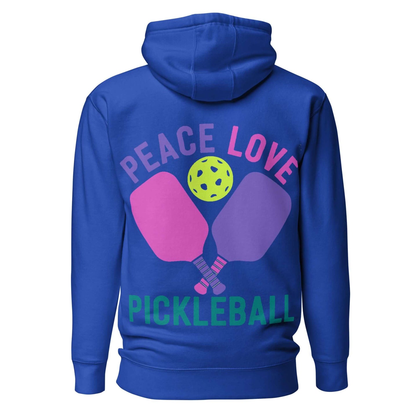 Back view of a blue Women's hoodie featuring playful design with 'Peace Love Pickleball' and colorful paddles.