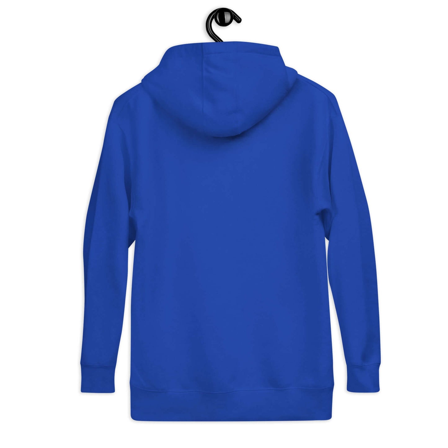 Back view of a blue Women's Peace, Love, Pickleball Hoodie hanging on a hook.