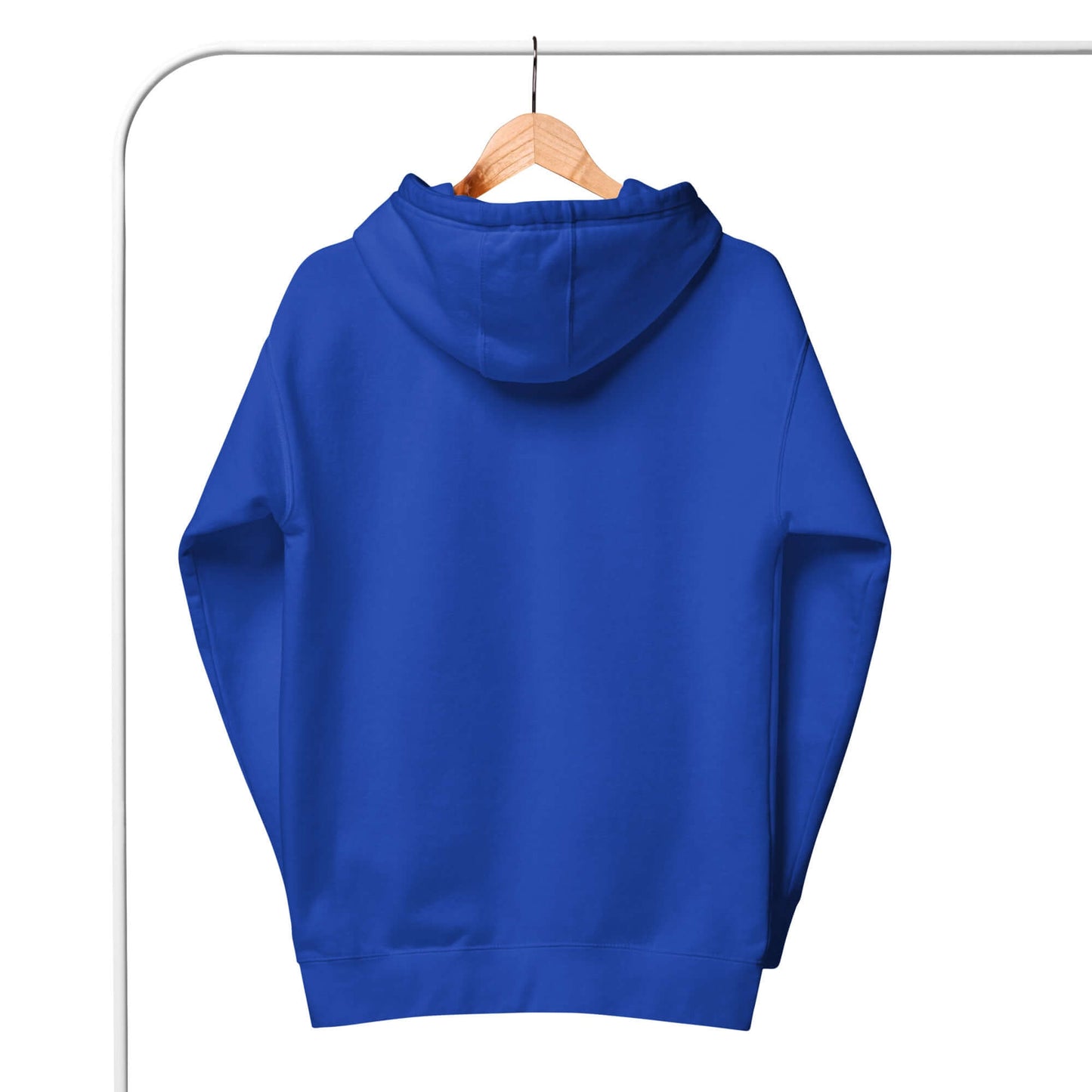 Back view of a blue Women's Peace, Love, Pickleball Hoodie hanging on a wooden hanger.
