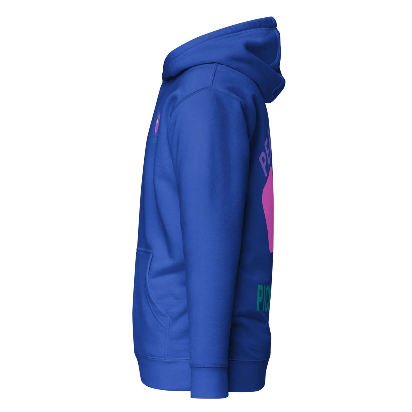 Side view of Women's Peace, Love, Pickleball Hoodie in vibrant blue color, showcasing its cozy design.