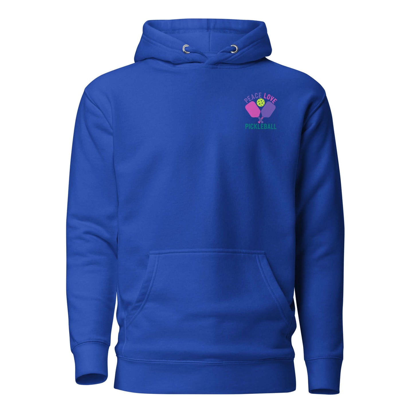 Blue Women's hoodie with 'Peace Love Pickleball' graphic, perfect for pickleball enthusiasts.