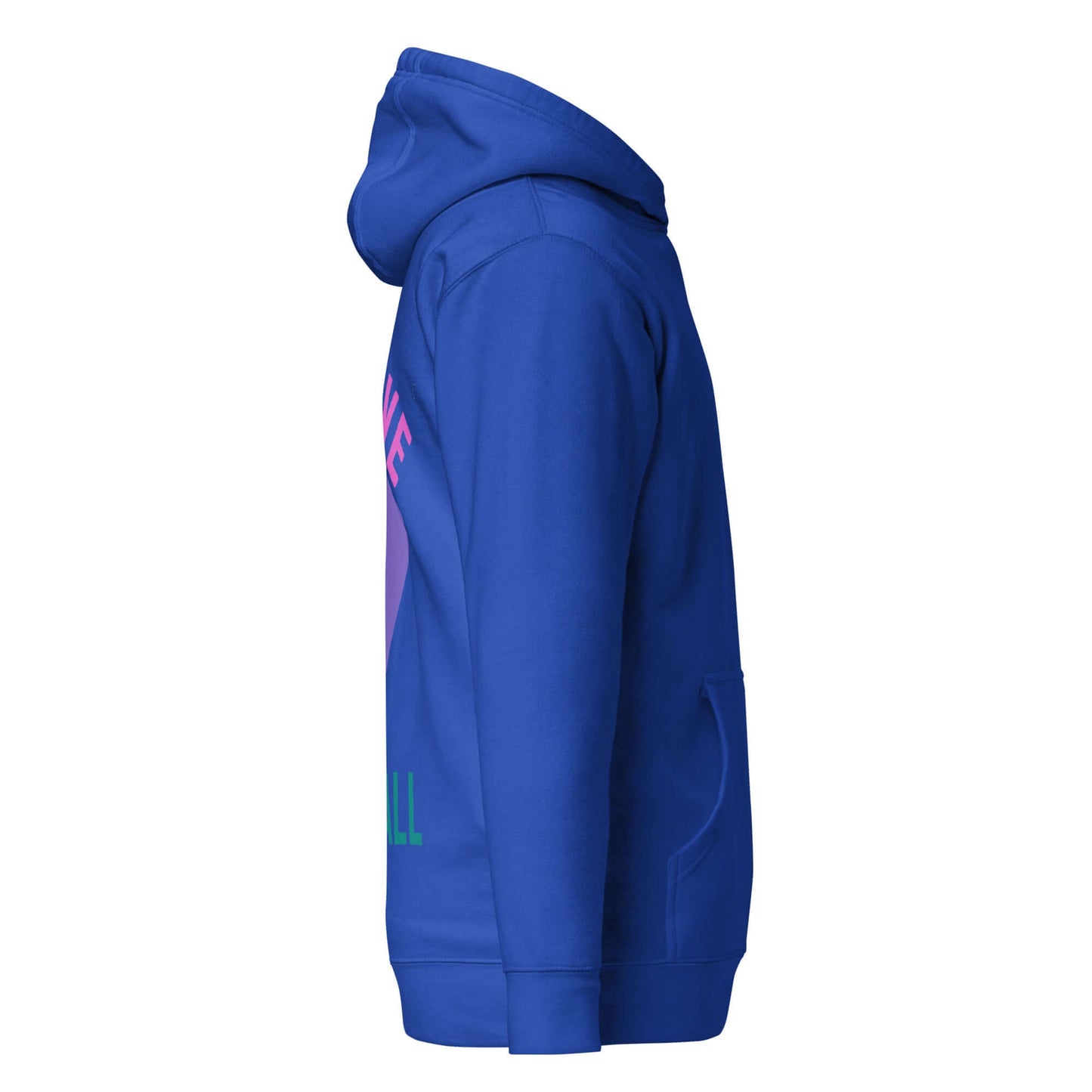 Side view of a blue Women's Peace, Love, Pickleball Hoodie, showcasing its vibrant design and soft fabric.