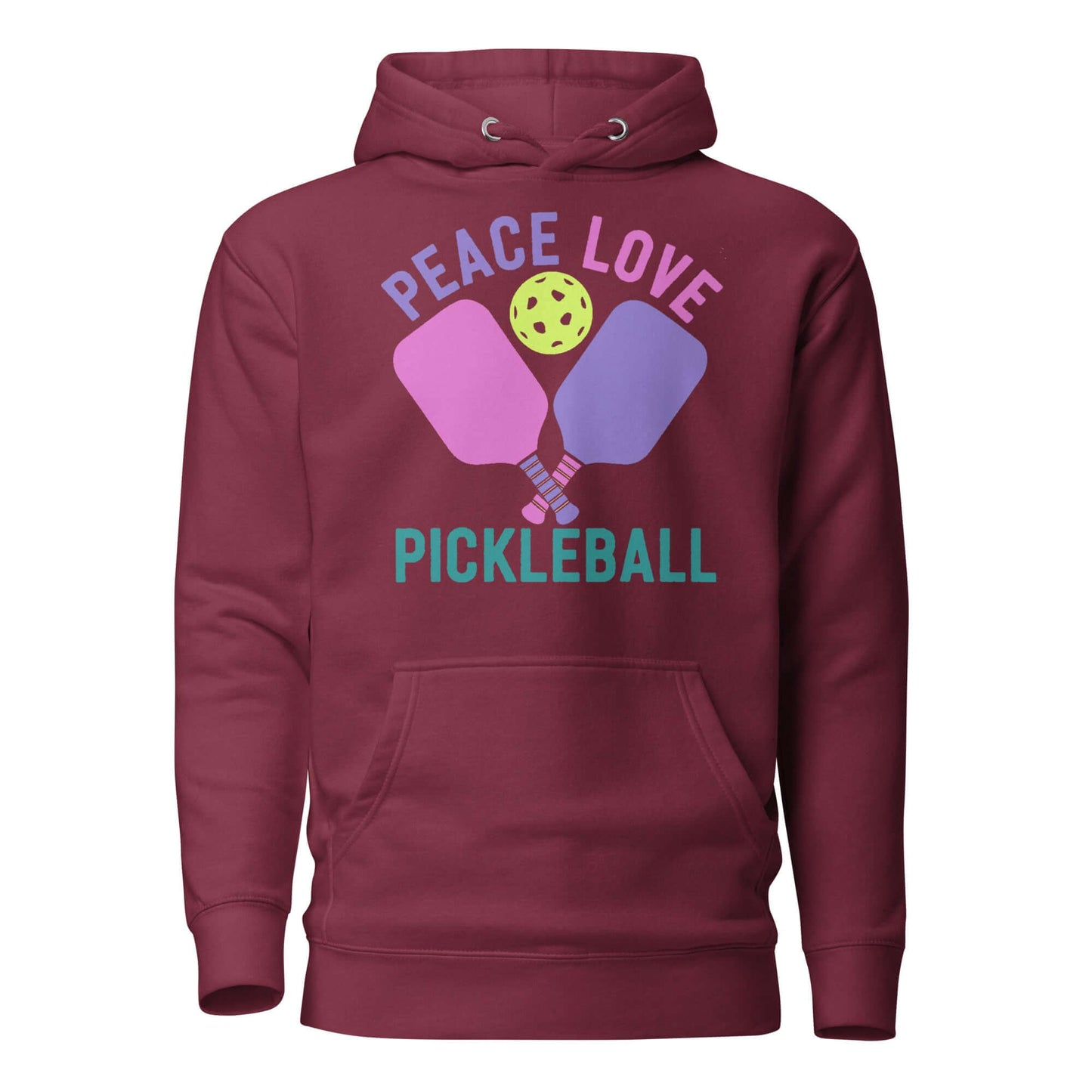 Wine red hoodie featuring peace, love, and pickleball graphic design, perfect for casual wear and sports enthusiasts.