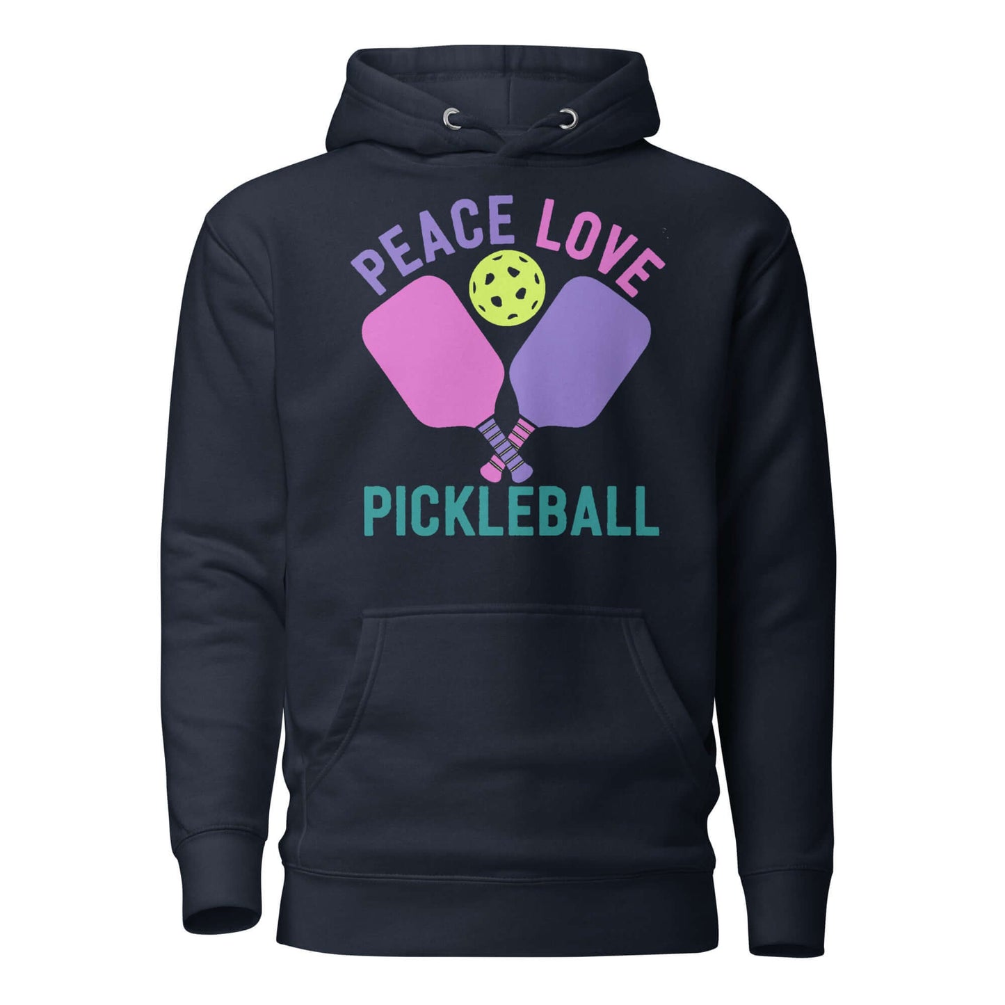 Women's Peace, Love, Pickleball Hoodie featuring colorful paddles and a pickleball design on a dark background.