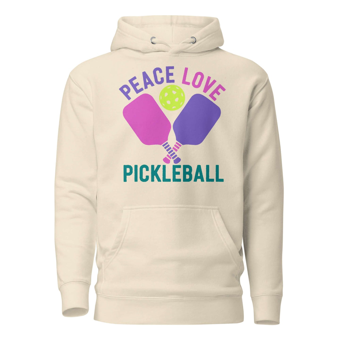 Women's Peace, Love, Pickleball Hoodie featuring colorful graphics on a cream background.