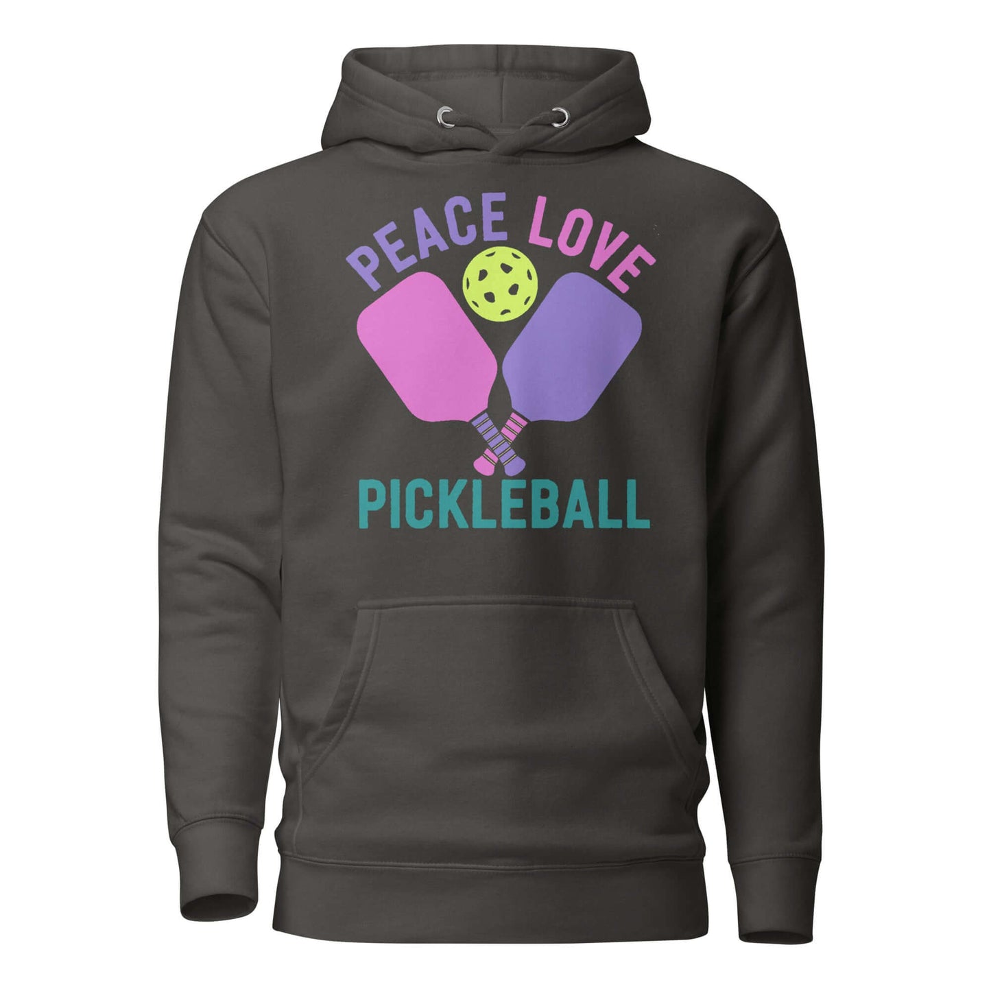 Women's Peace, Love, Pickleball Hoodie featuring colorful paddles and ball design, perfect for chilly games.