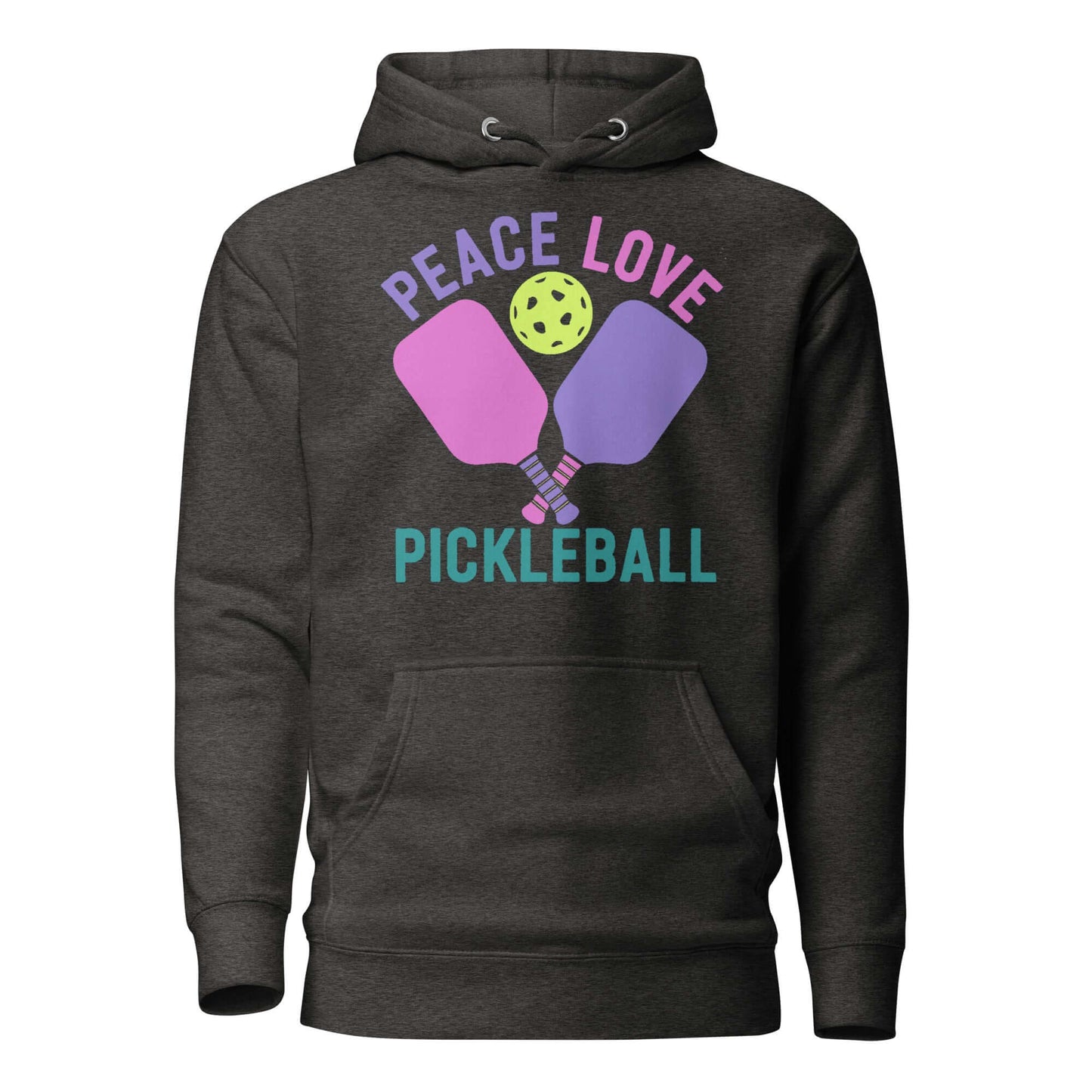 Women's cozy hoodie featuring 'Peace Love Pickleball' graphic and paddles, perfect for pickleball lovers.