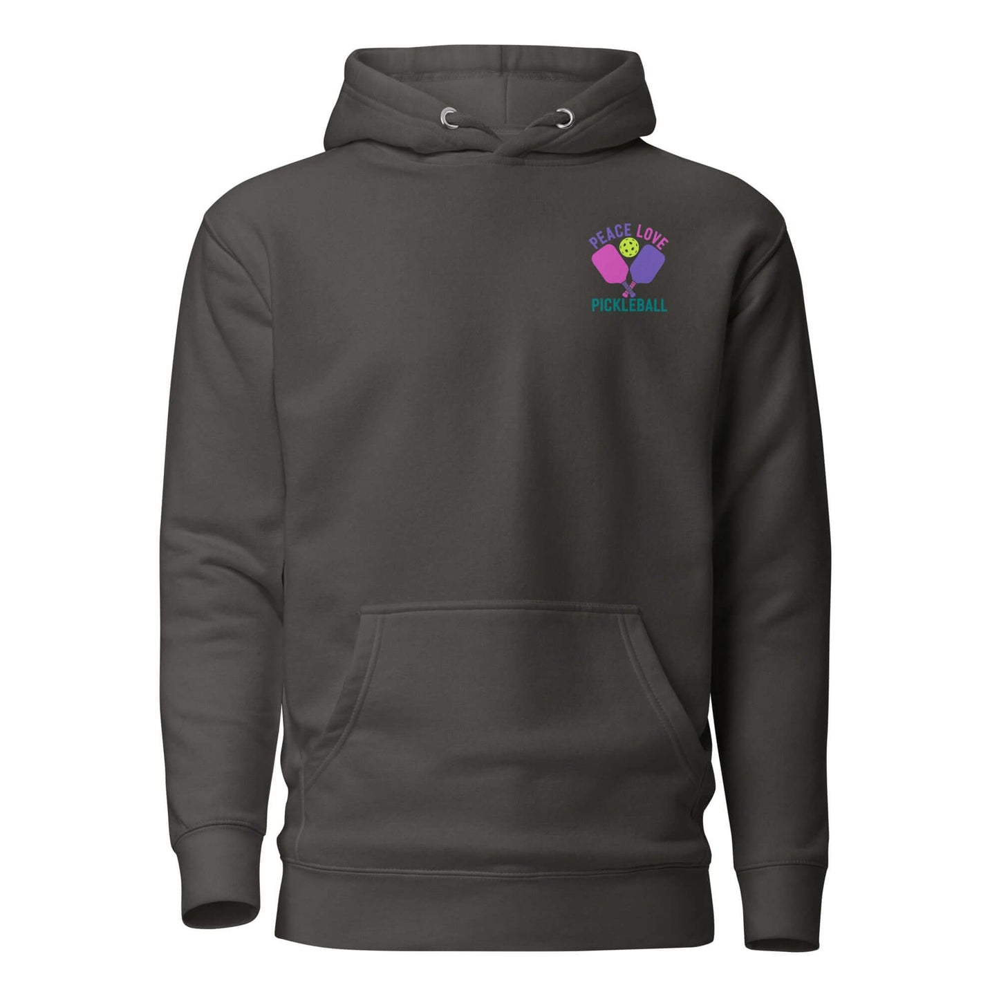 Women's Peace, Love, Pickleball Hoodie in dark gray, highlighting passion for pickleball and style.