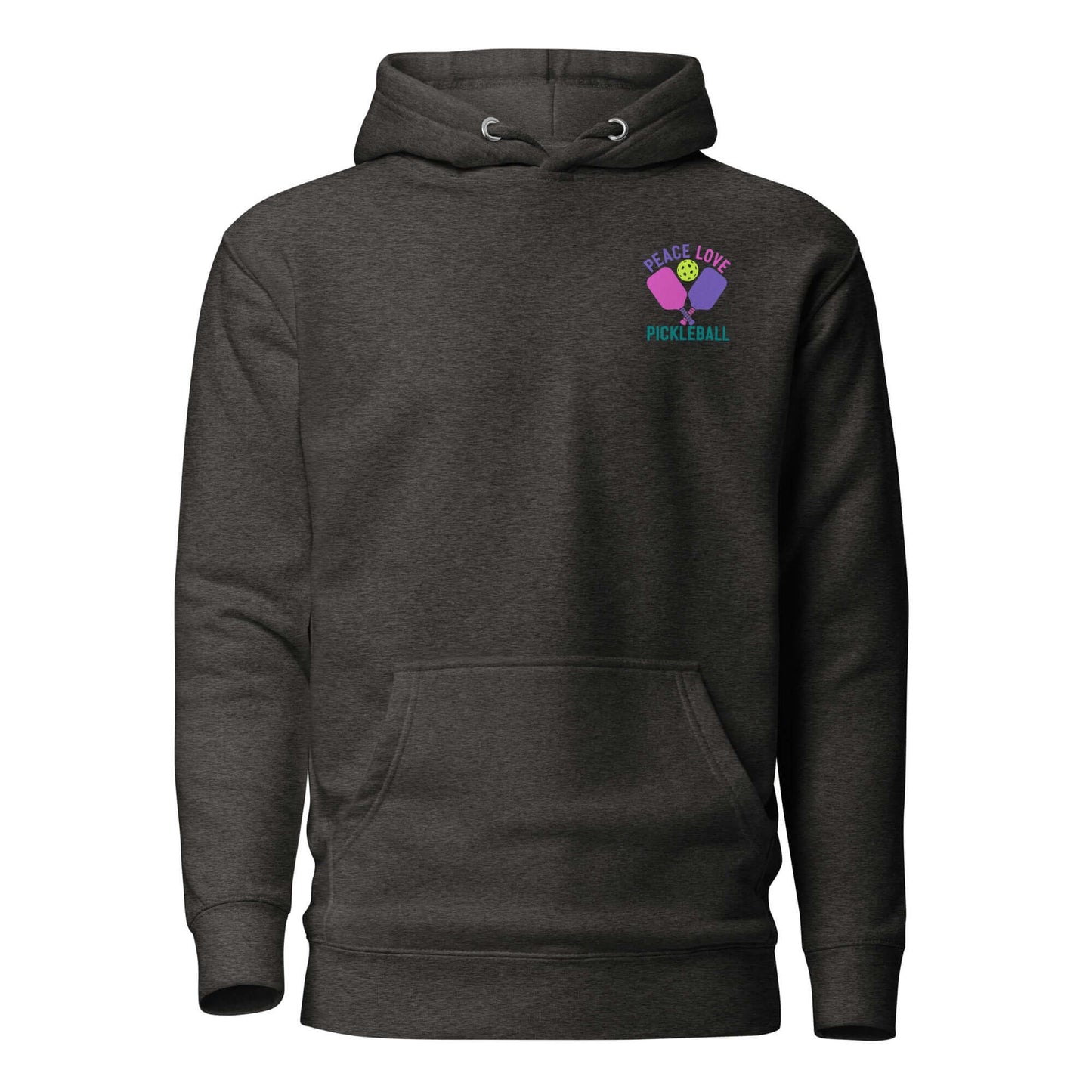 Women's Peace, Love, Pickleball hoodie in dark gray with colorful graphic for pickleball enthusiasts.