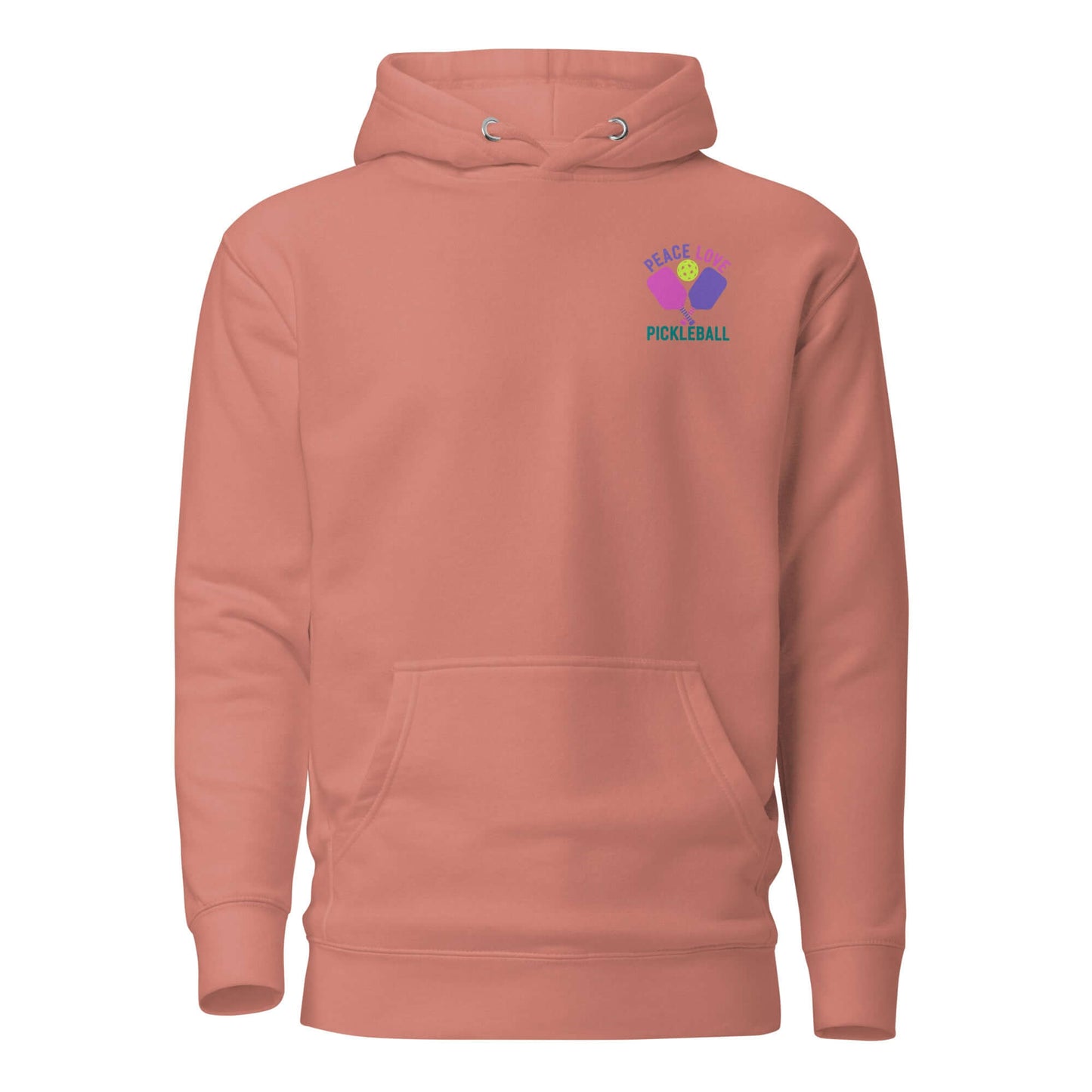 Women's Peace, Love, Pickleball Hoodie in coral color, showcasing comfort and style for pickleball enthusiasts.