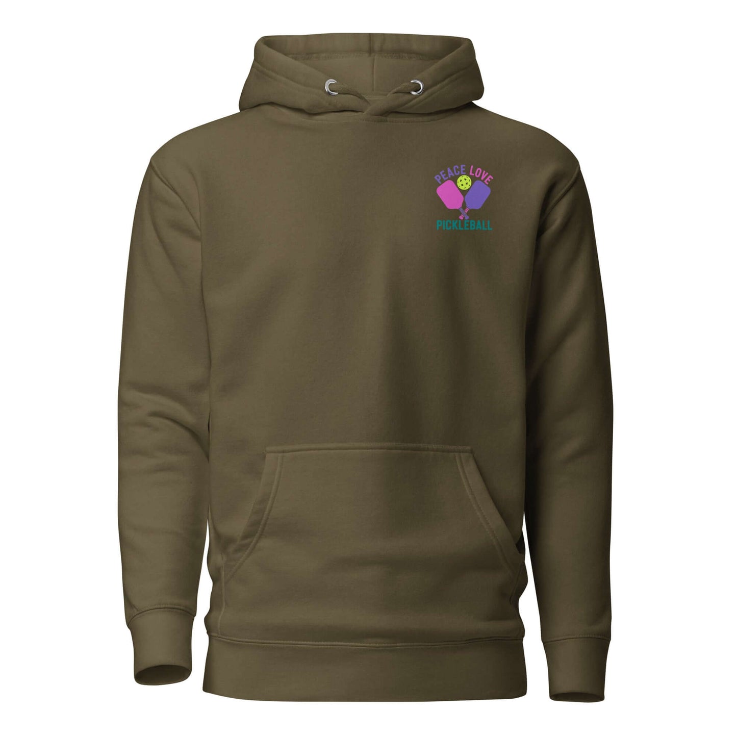 Women's Peace, Love, Pickleball Hoodie in olive green, perfect for cozy comfort and style on and off the pickleball court.