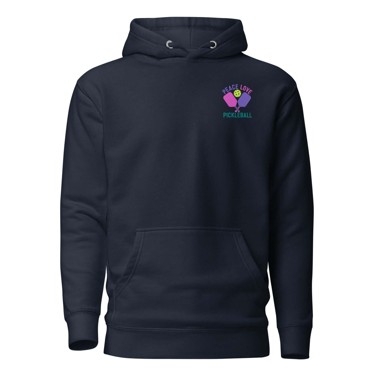 Women's navy hoodie featuring 'Peace Love Pickleball' design, perfect for cozy wear on and off the court.