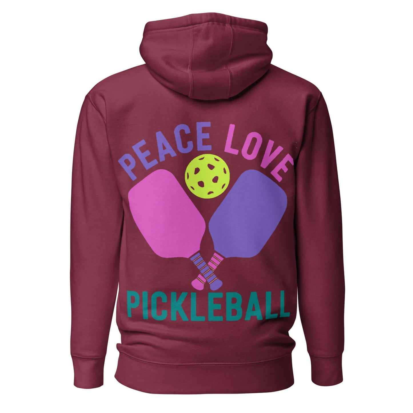 Back view of Women's Peace, Love, Pickleball Hoodie featuring paddles and a pickleball graphic.