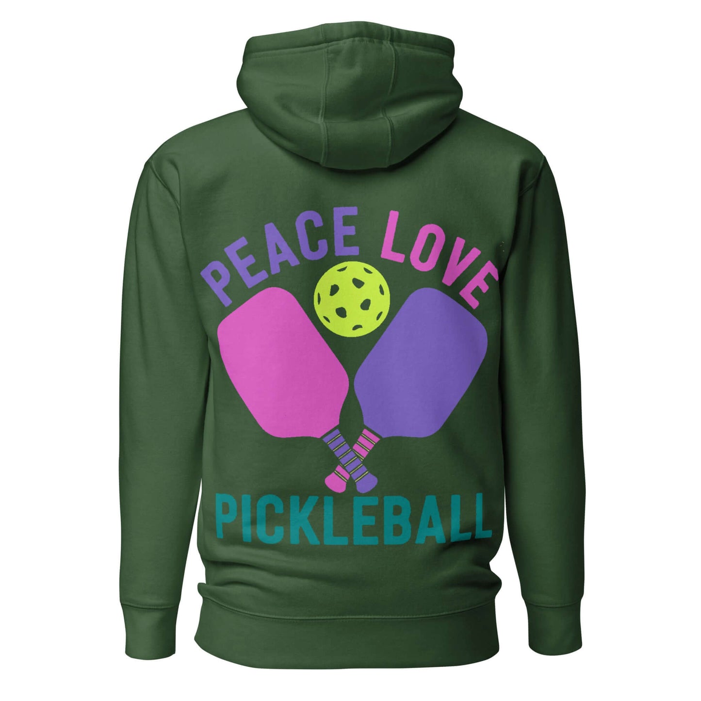 Back view of Women's Peace, Love, Pickleball Hoodie in green with colorful graphic design.