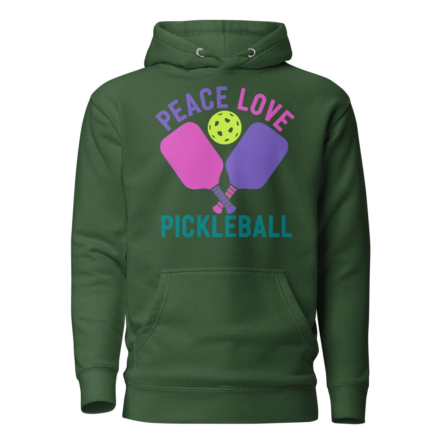 Women’s green hoodie with "Peace Love Pickleball" graphic and paddle design, perfect for pickleball enthusiasts.