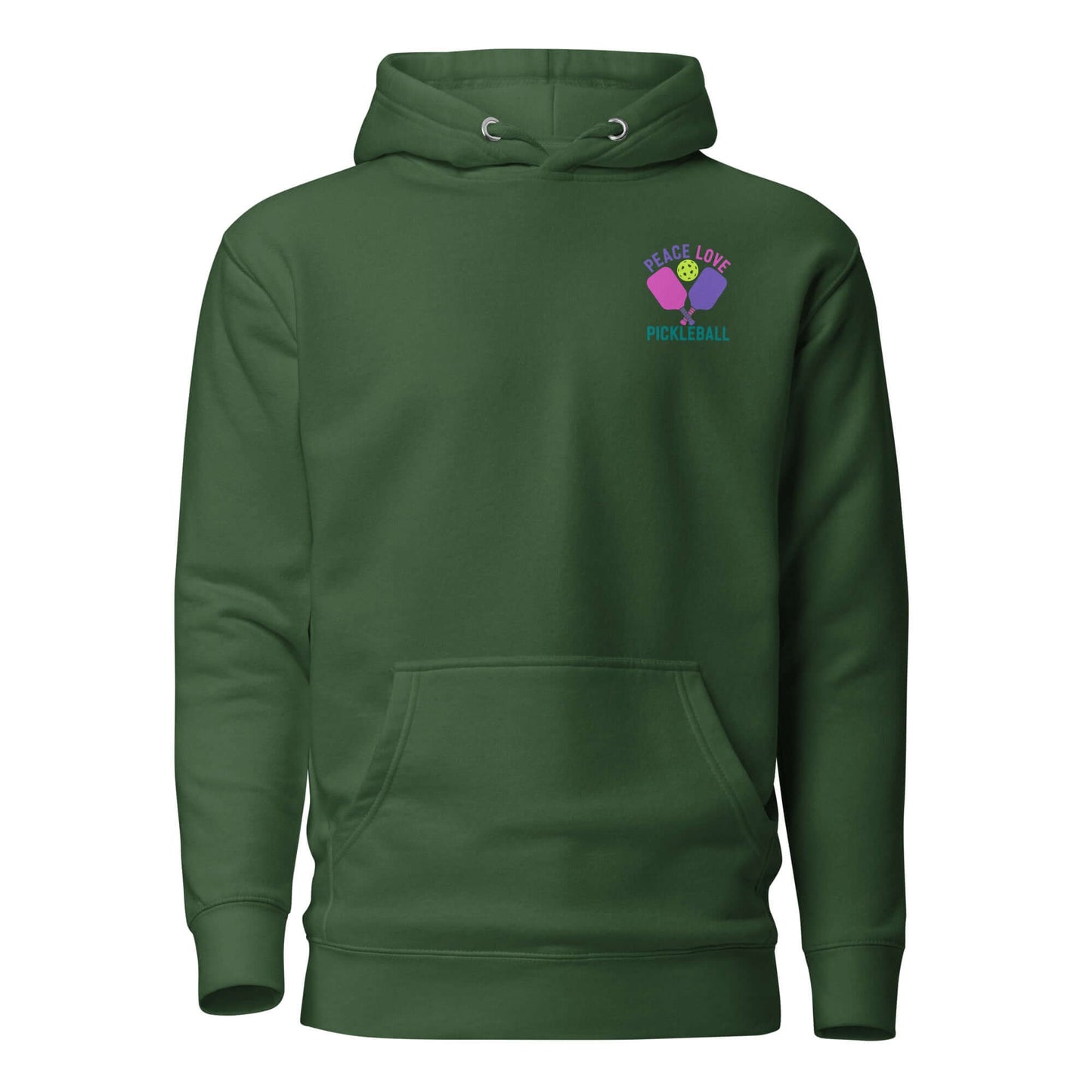 Green women's hoodie featuring 'Peace Love Pickleball' design, perfect for pickleball enthusiasts and casual wear.