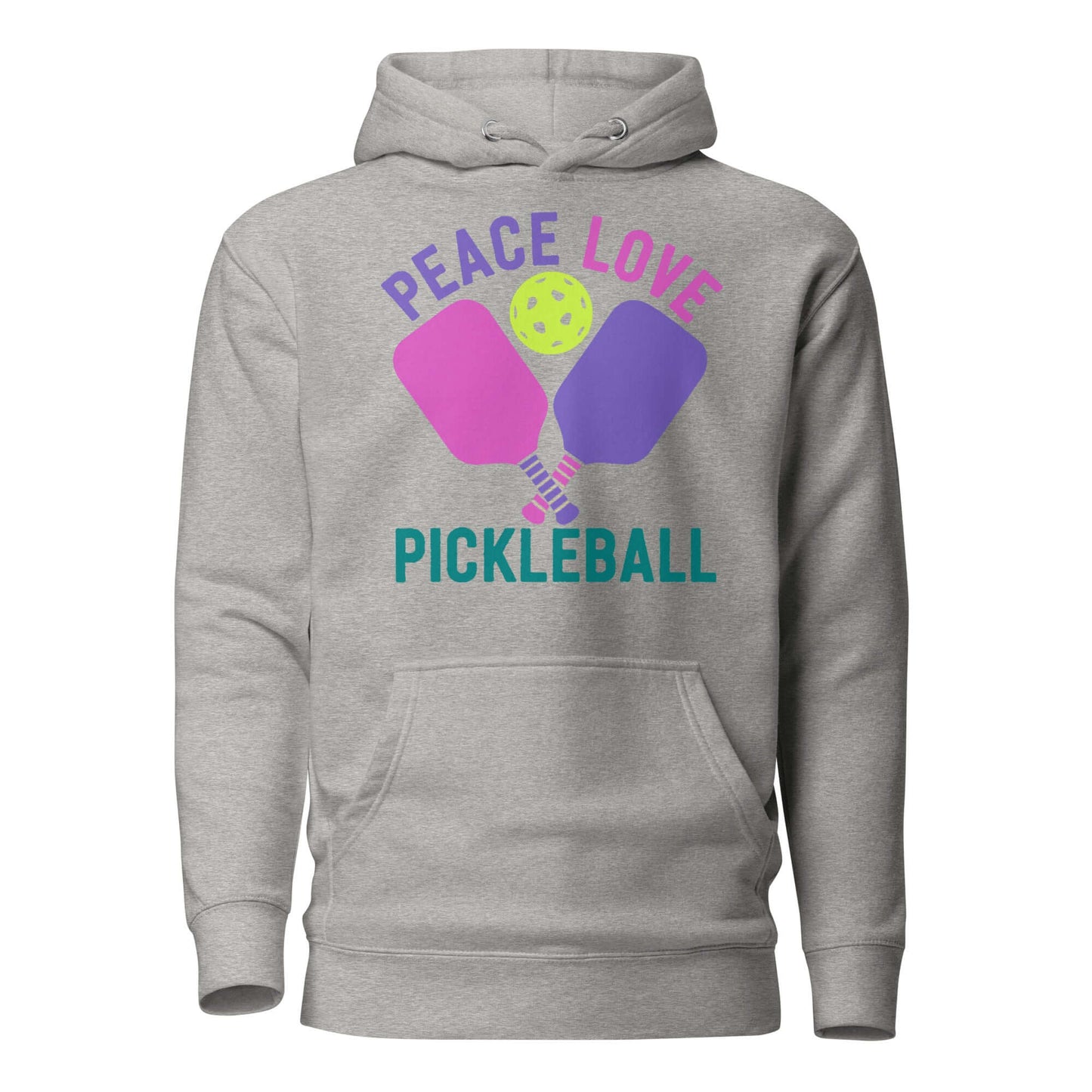 Light gray women's hoodie featuring 'Peace Love Pickleball' graphic with paddles and a ball.