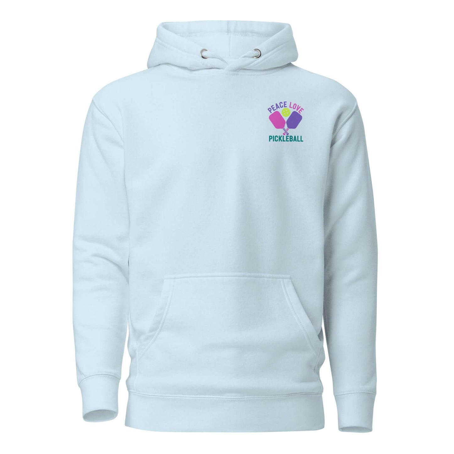 Light blue women's hoodie with 'Peace Love Pickleball' graphic, perfect for pickleball enthusiasts.