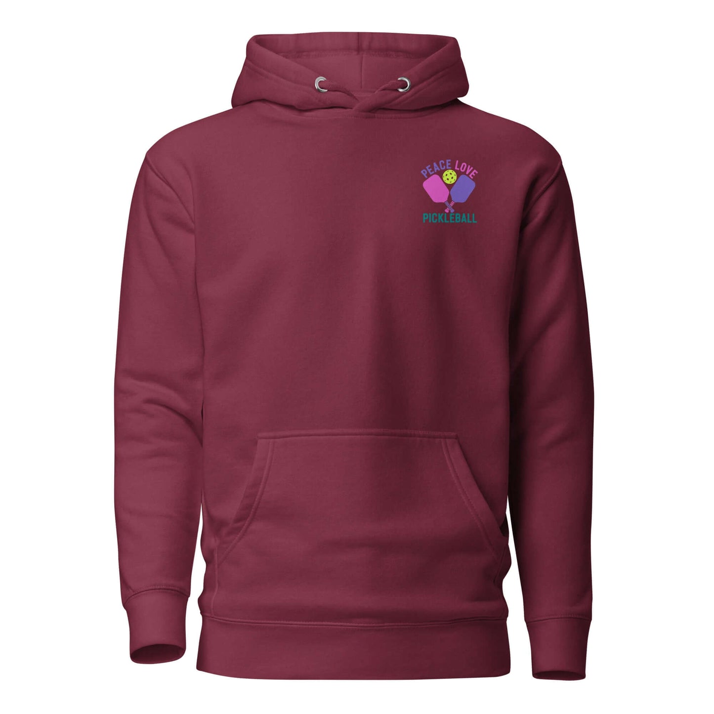 Maroon women's hoodie with 'Peace Love Pickleball' design, perfect for pickleball enthusiasts.