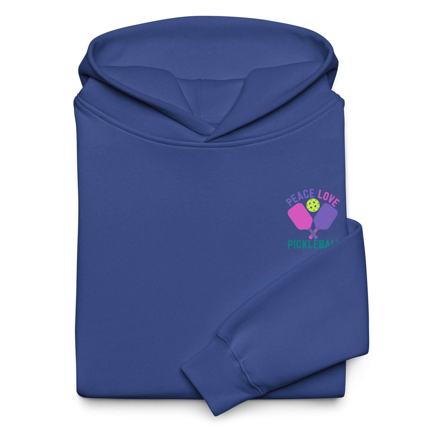 Women's oversized hoodie in blue featuring 'Peace Love Pickleball' graphic for stylish comfort.