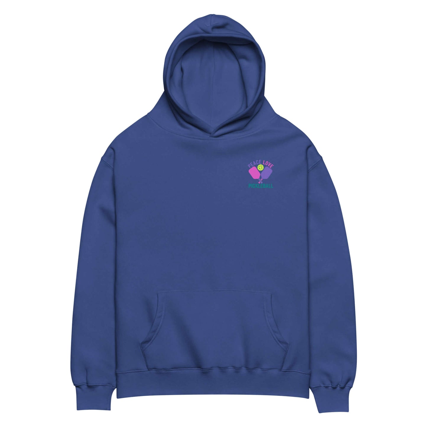 Women's oversized hoodie in blue with 'Peace, Love, Pickleball' graphic, perfect for casual wear and pickleball enthusiasts.