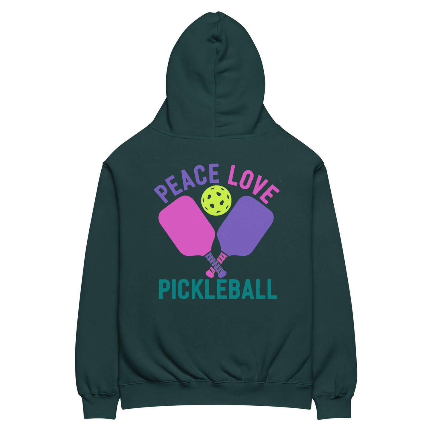 Women's oversized hoodie with 'Peace Love Pickleball' design and paddles, perfect for pickleball enthusiasts.