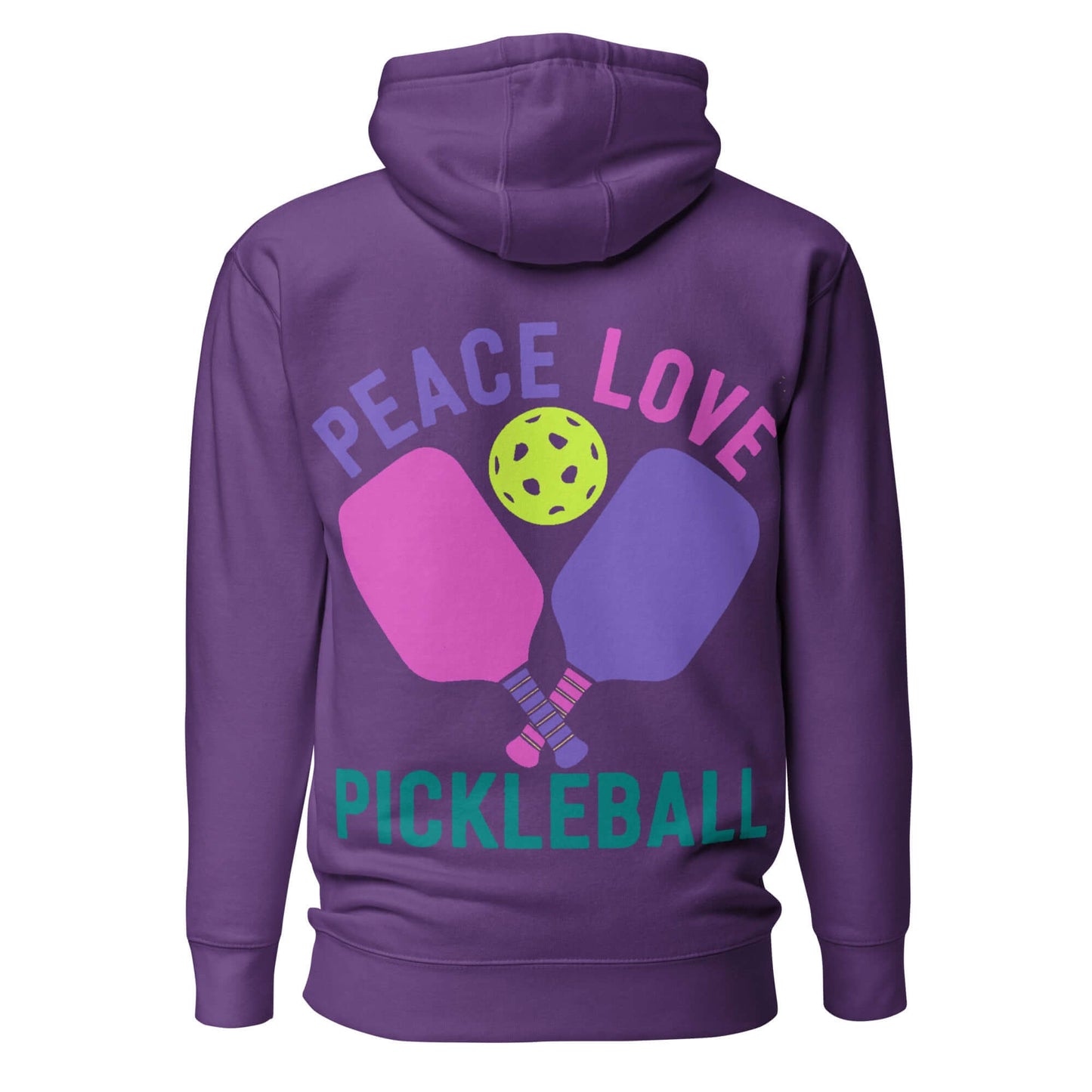 Back view of Women's Peace, Love, Pickleball hoodie featuring paddles and a pickleball graphic on a purple background.