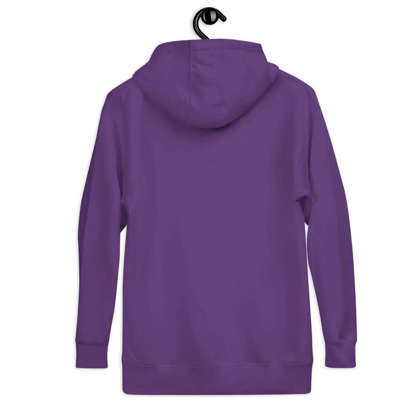 Back view of Women's purple Peace, Love, Pickleball Hoodie hanging on a hook, showcasing its cozy design.