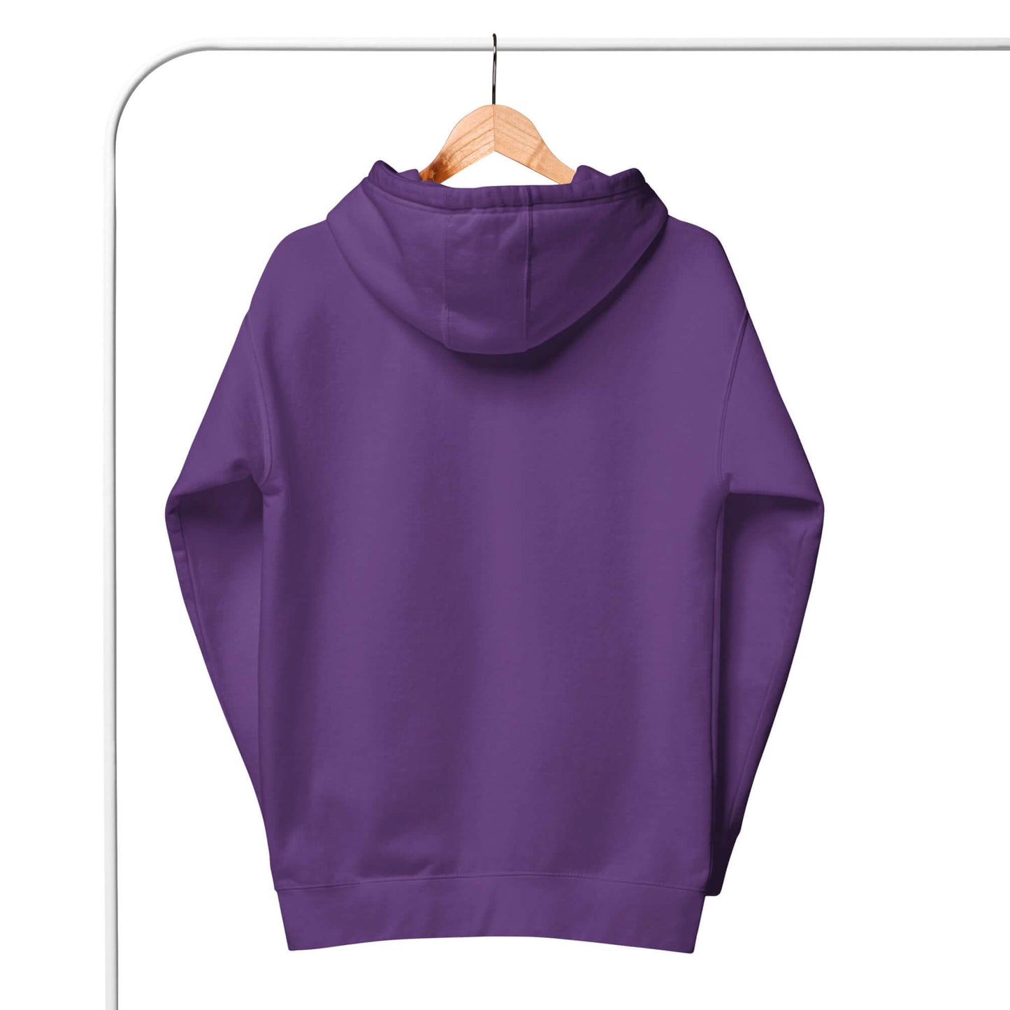 Back view of a Women's Peace, Love, Pickleball Hoodie in purple hanging on a wooden hanger.